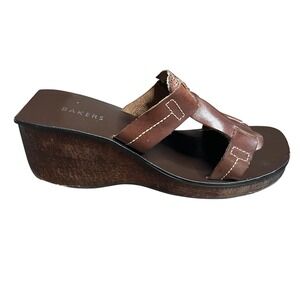 Bakers Womens Brown Leather Wedge Sandals Square Toe Platform Slides Size 10M‎